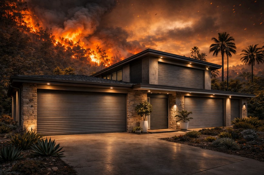 Modern home with Inferno-Roll shutters protected during a wildfire